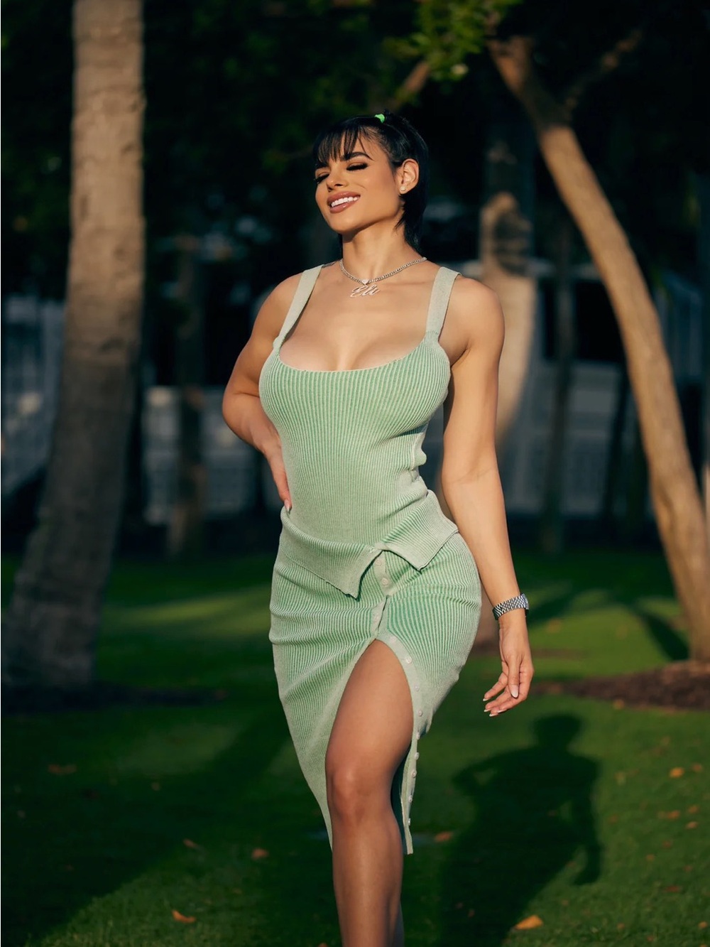 Sage Green Ribbed Knit Tank Dress with Front Slit
